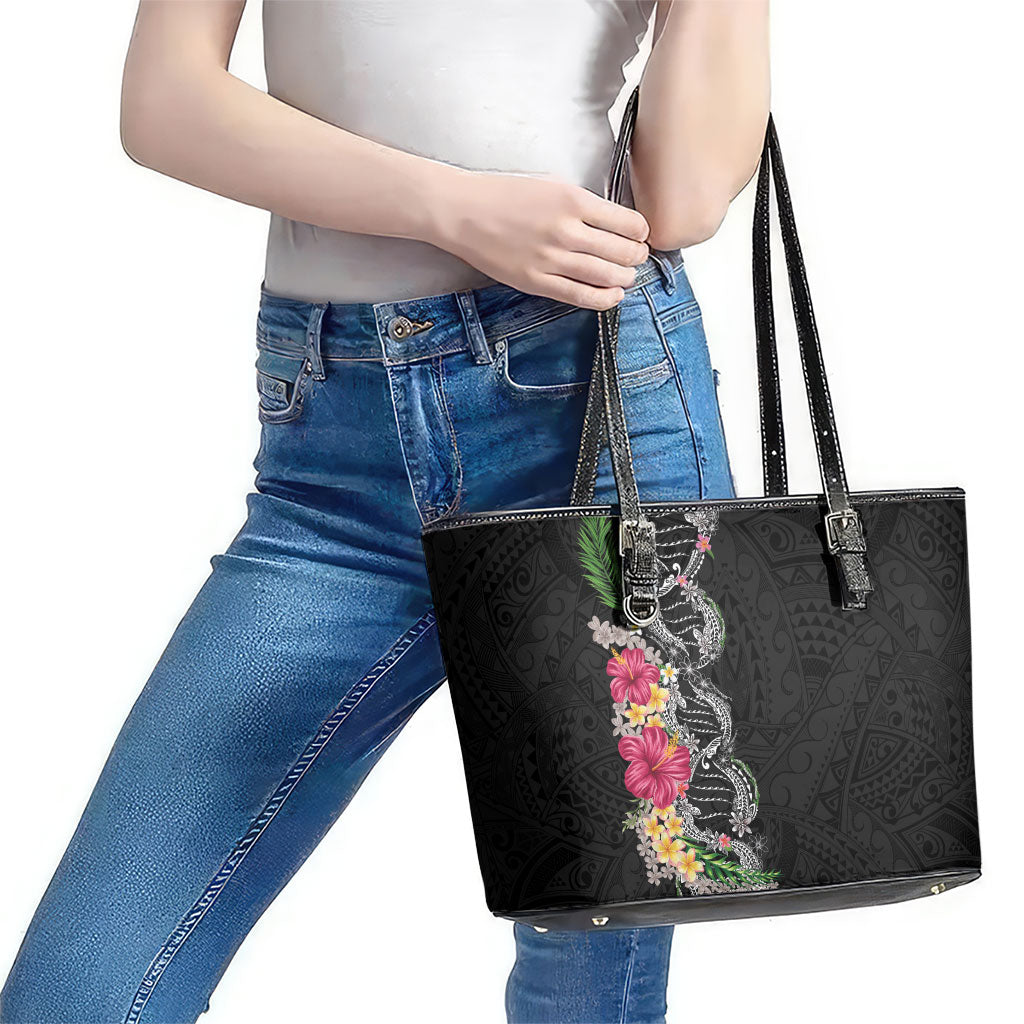 Hawaii DNA Kakau Tattoo Leather Tote Bag with Plumeria and Hibiscus Tropical Plants Black Color LT03 - Polynesian Pride