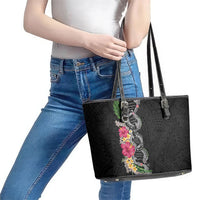 Hawaii DNA Kakau Tattoo Leather Tote Bag with Plumeria and Hibiscus Tropical Plants Black Color LT03 - Polynesian Pride