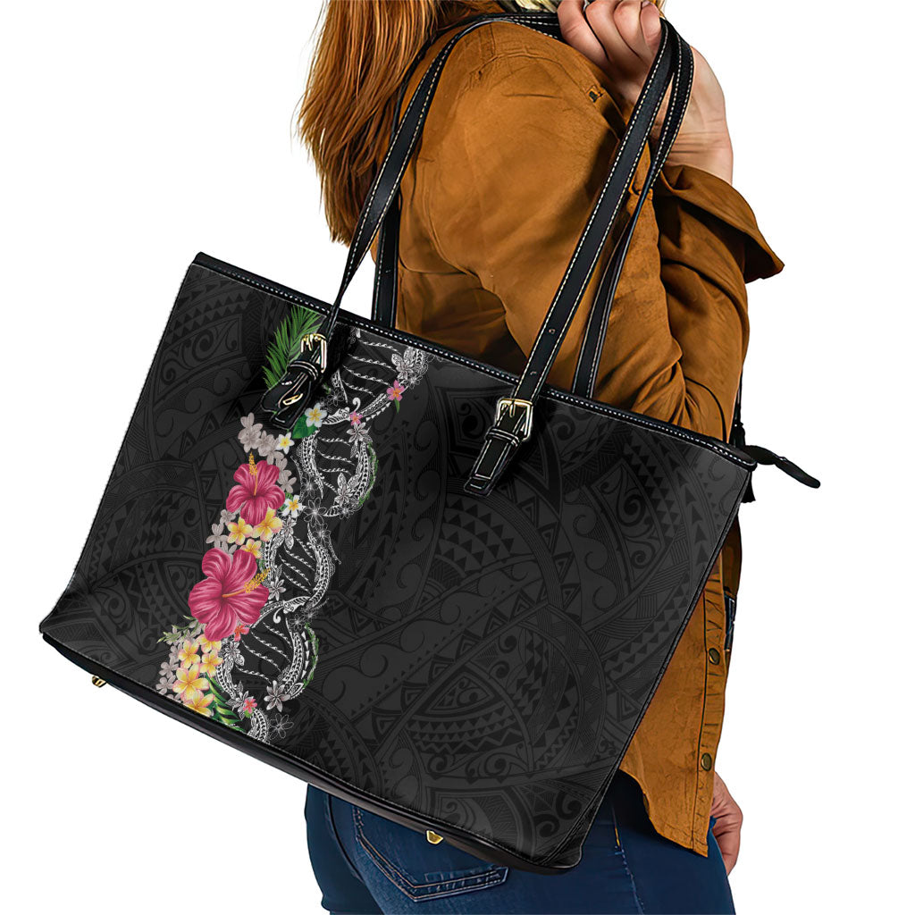 Hawaii DNA Kakau Tattoo Leather Tote Bag with Plumeria and Hibiscus Tropical Plants Black Color LT03 - Polynesian Pride