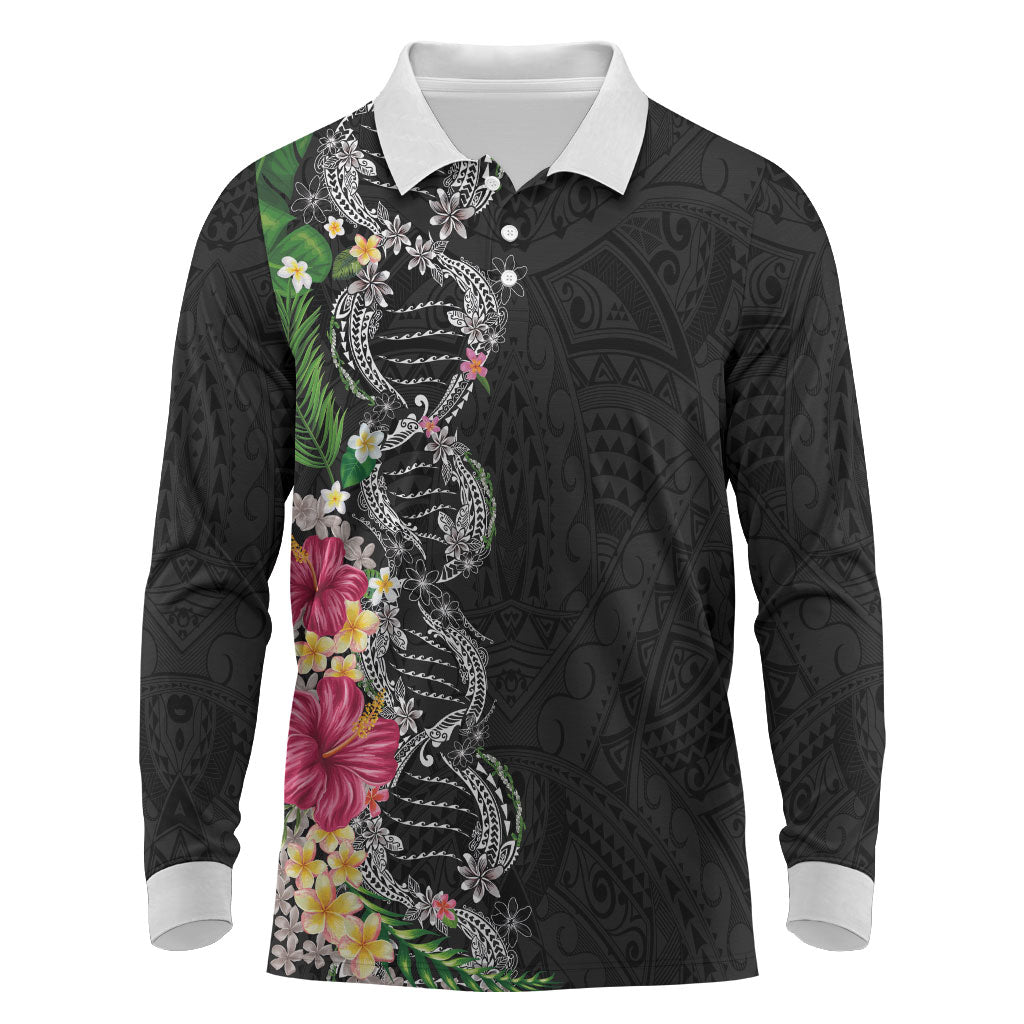 Hawaii DNA Kakau Tattoo Long Sleeve Polo Shirt with Plumeria and Hibiscus Tropical Plants Black Color