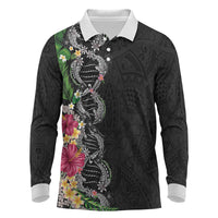 Hawaii DNA Kakau Tattoo Long Sleeve Polo Shirt with Plumeria and Hibiscus Tropical Plants Black Color
