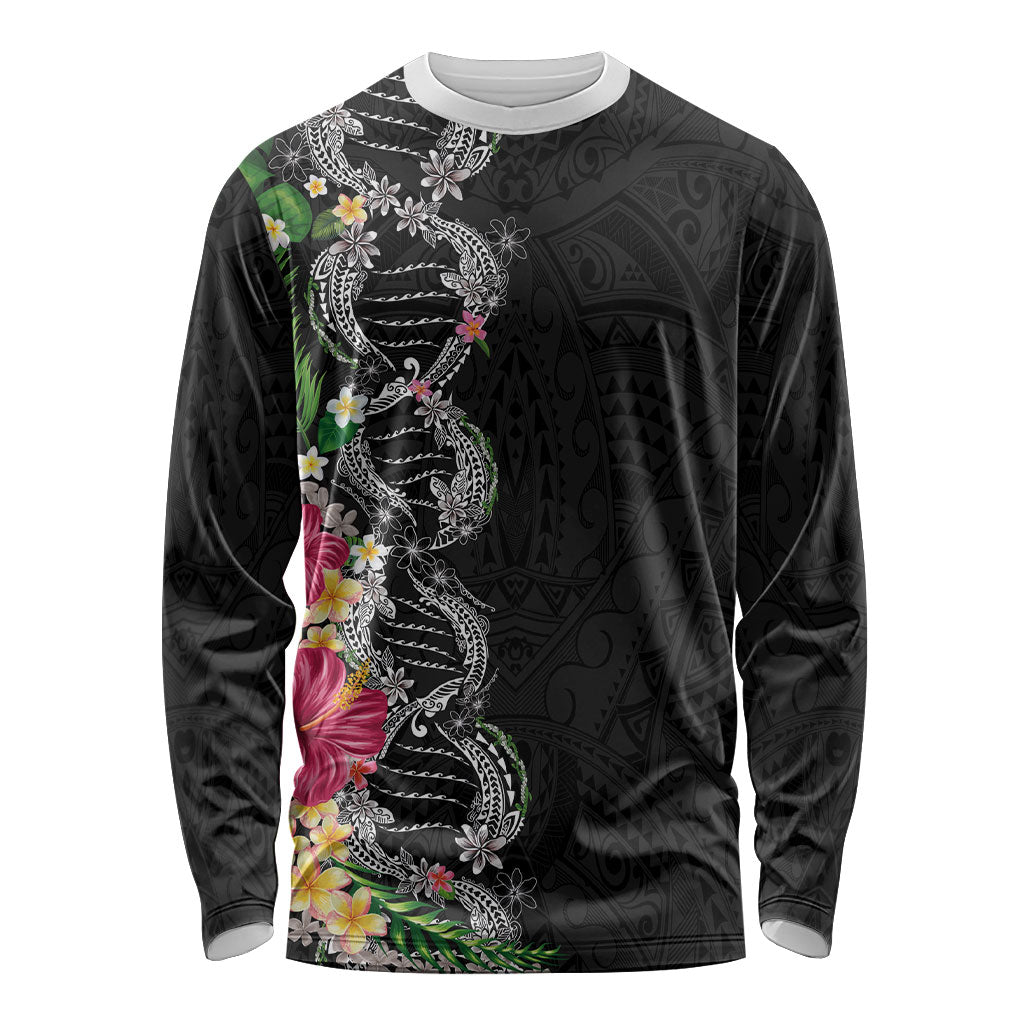 Hawaii DNA Kakau Tattoo Long Sleeve Shirt with Plumeria and Hibiscus Tropical Plants Black Color LT03 Unisex Black - Polynesian Pride