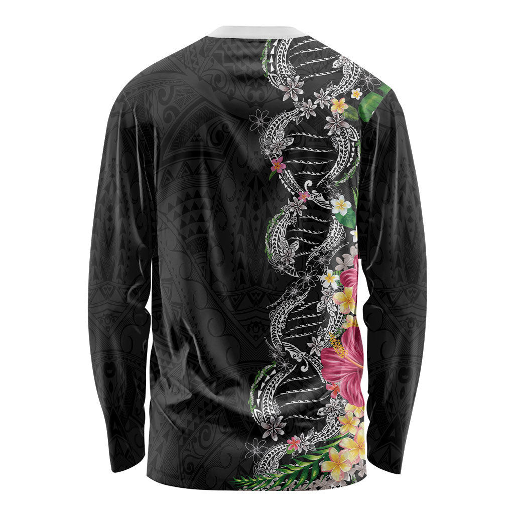 Hawaii DNA Kakau Tattoo Long Sleeve Shirt with Plumeria and Hibiscus Tropical Plants Black Color