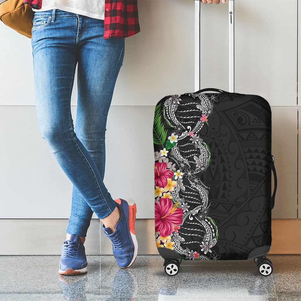 Hawaii DNA Kakau Tattoo Luggage Cover with Plumeria and Hibiscus Tropical Plants Black Color LT03 - Polynesian Pride