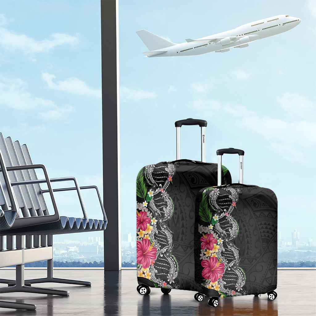 Hawaii DNA Kakau Tattoo Luggage Cover with Plumeria and Hibiscus Tropical Plants Black Color LT03 - Polynesian Pride