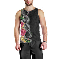 Hawaii DNA Kakau Tattoo Men Tank Top with Plumeria and Hibiscus Tropical Plants Black Color
