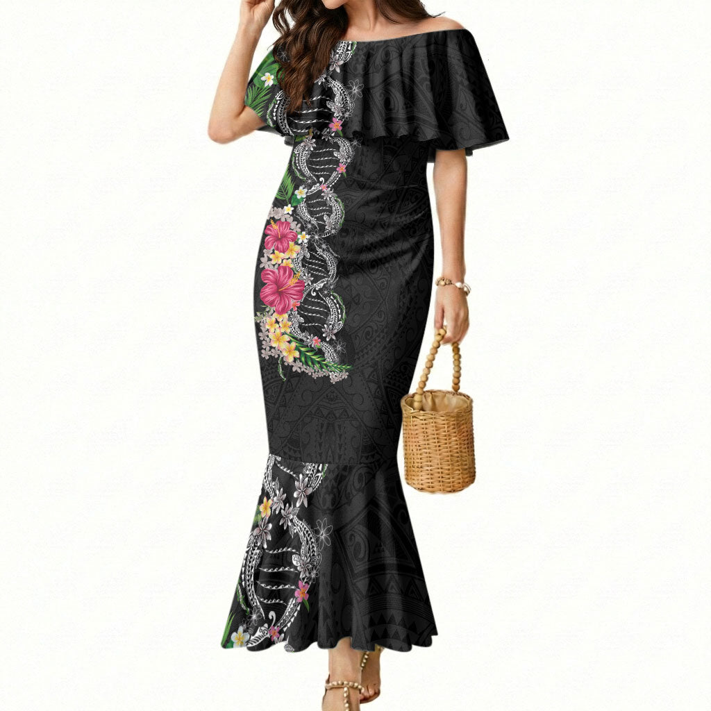 Hawaii DNA Kakau Tattoo Mermaid Dress with Plumeria and Hibiscus Tropical Plants Black Color