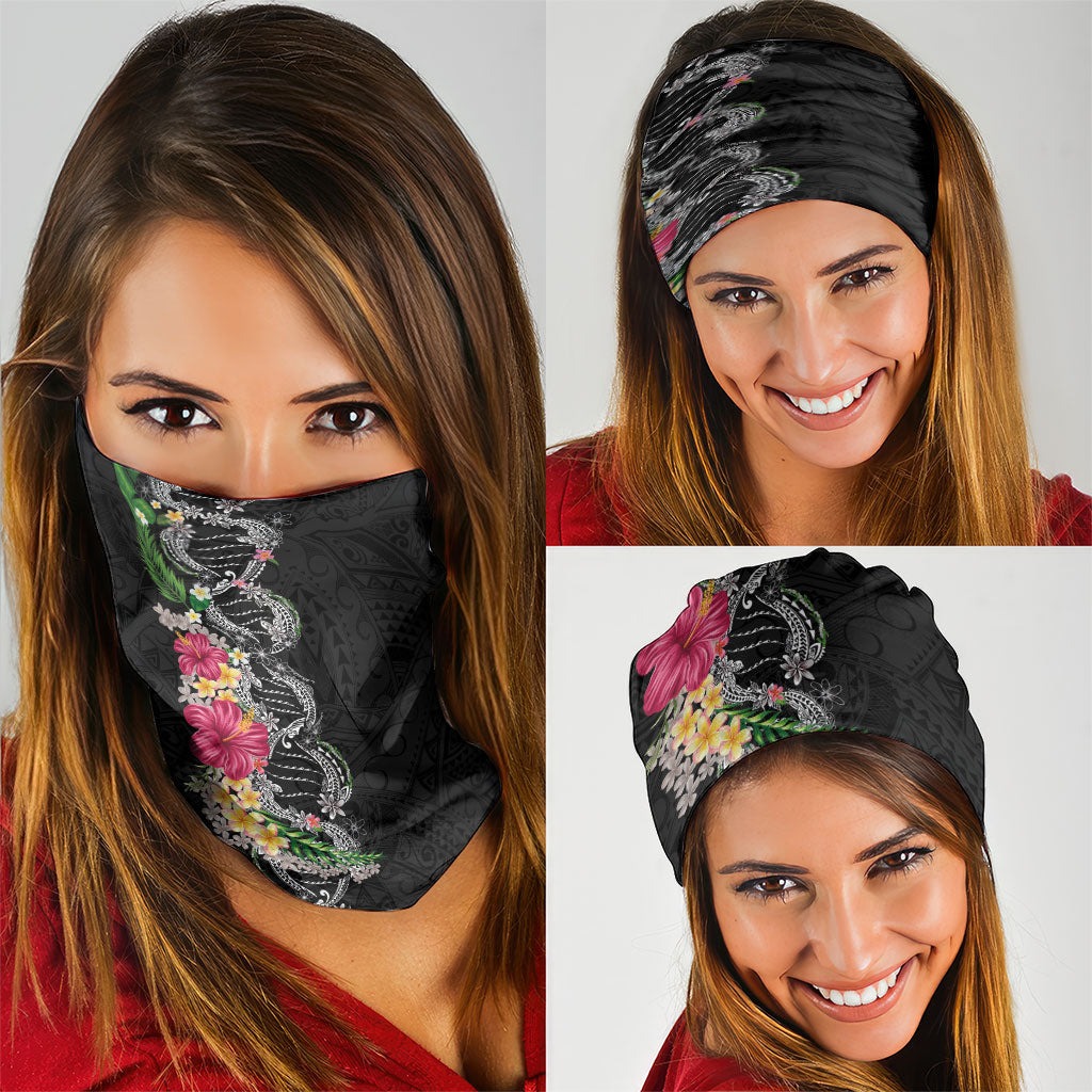 Hawaii DNA Kakau Tattoo Neck Gaiter with Plumeria and Hibiscus Tropical Plants Black Color LT03 - Polynesian Pride