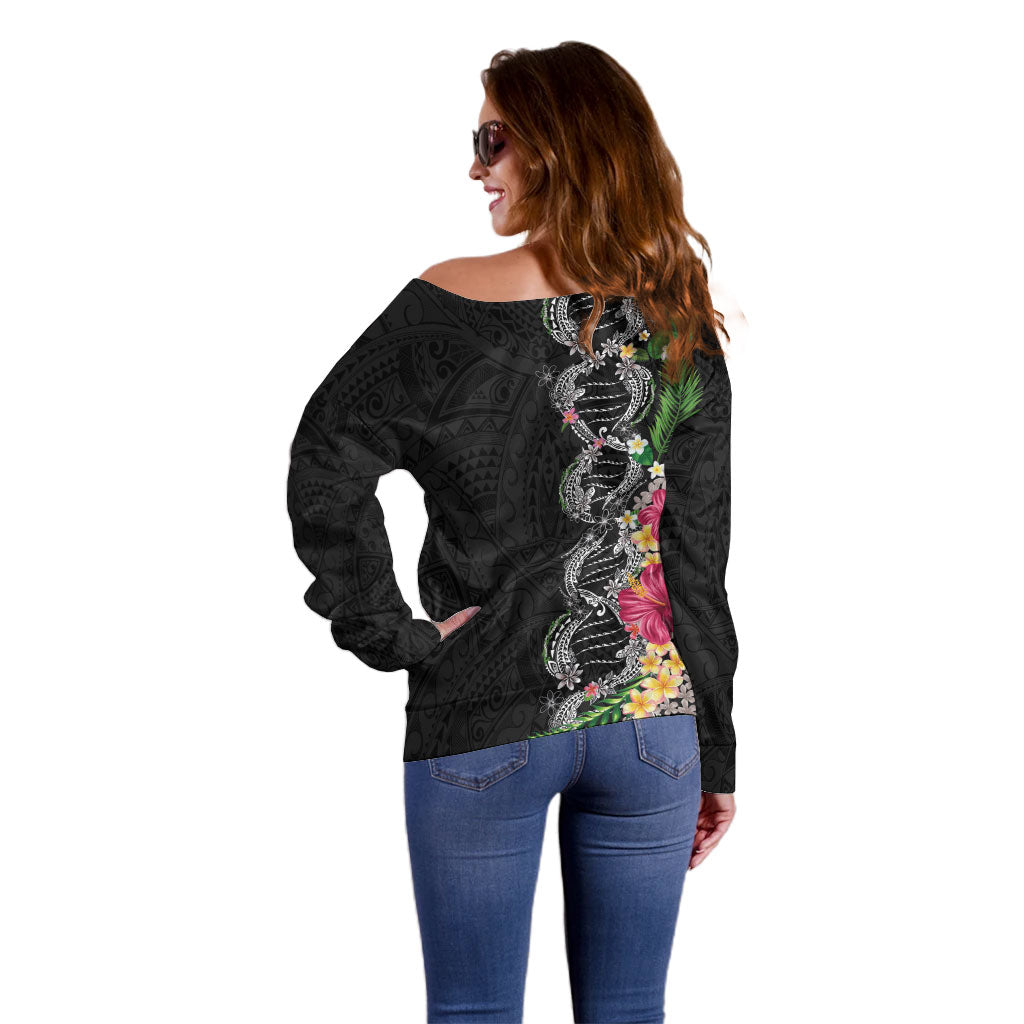 Hawaii DNA Kakau Tattoo Off Shoulder Sweater with Plumeria and Hibiscus Tropical Plants Black Color