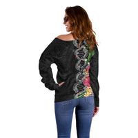 Hawaii DNA Kakau Tattoo Off Shoulder Sweater with Plumeria and Hibiscus Tropical Plants Black Color