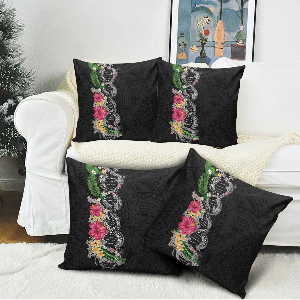Hawaii DNA Kakau Tattoo Pillow Cover with Plumeria and Hibiscus Tropical Plants Black Color LT03 - Polynesian Pride