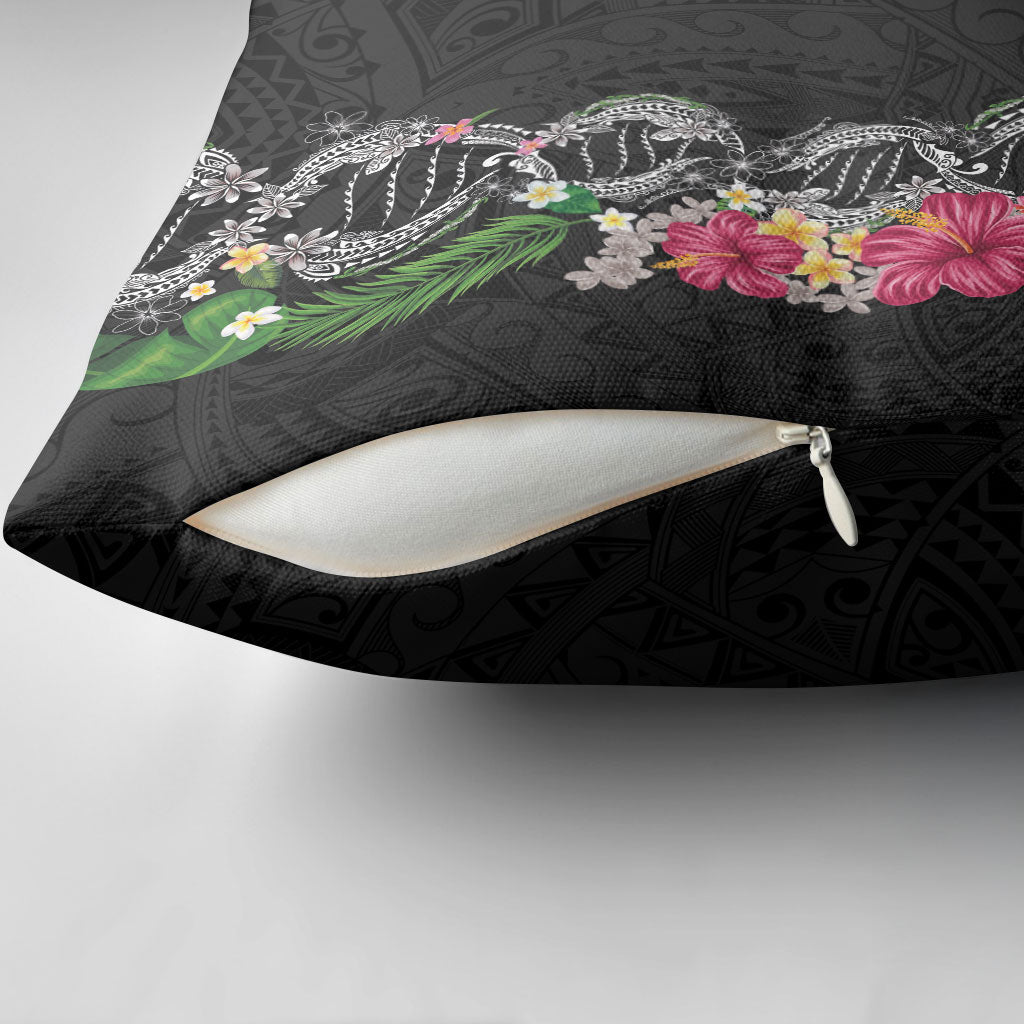 Hawaii DNA Kakau Tattoo Pillow Cover with Plumeria and Hibiscus Tropical Plants Black Color LT03 - Polynesian Pride