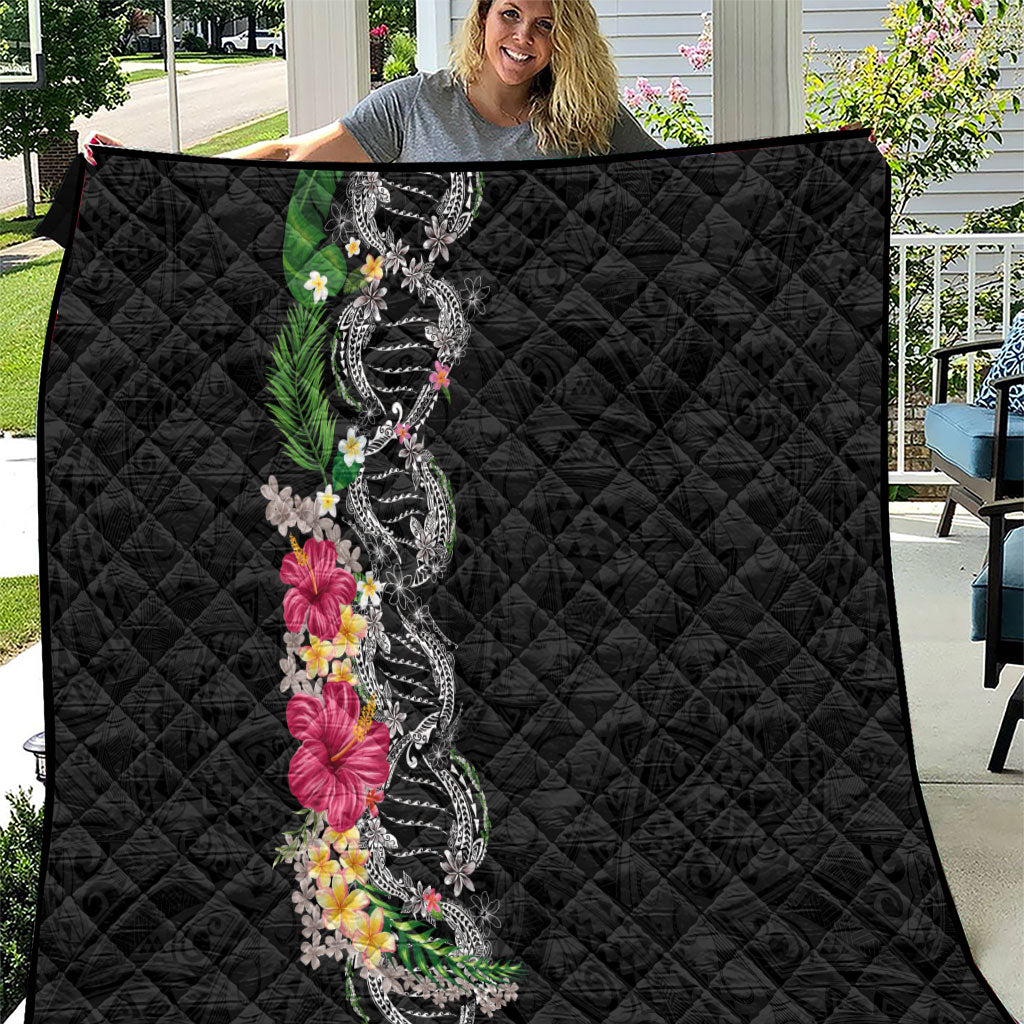 Hawaii DNA Kakau Tattoo Quilt with Plumeria and Hibiscus Tropical Plants Black Color LT03 Black - Polynesian Pride