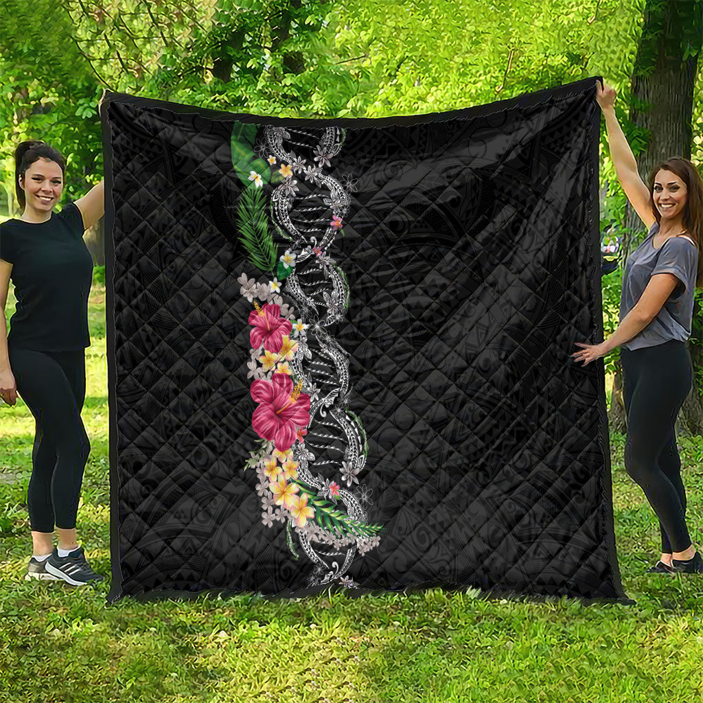 Hawaii DNA Kakau Tattoo Quilt with Plumeria and Hibiscus Tropical Plants Black Color LT03 - Polynesian Pride