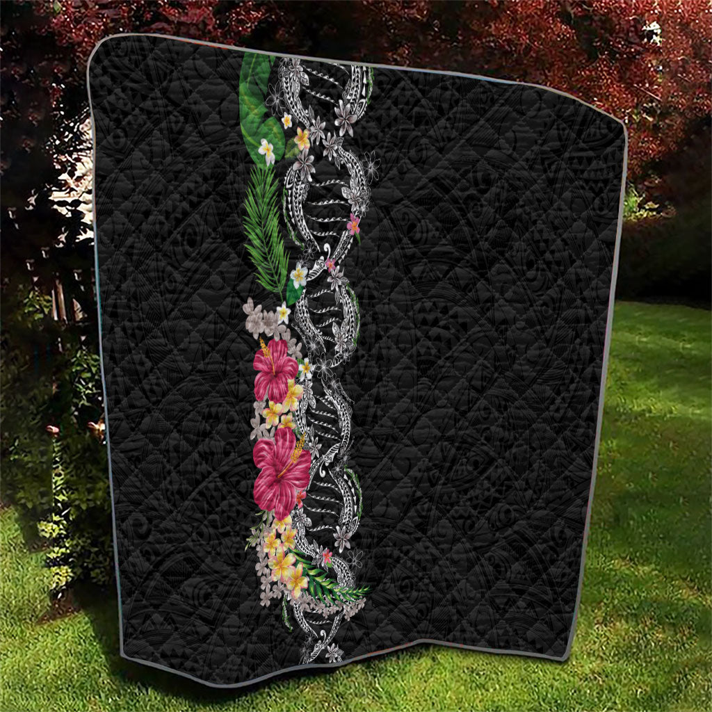 Hawaii DNA Kakau Tattoo Quilt with Plumeria and Hibiscus Tropical Plants Black Color LT03 - Polynesian Pride