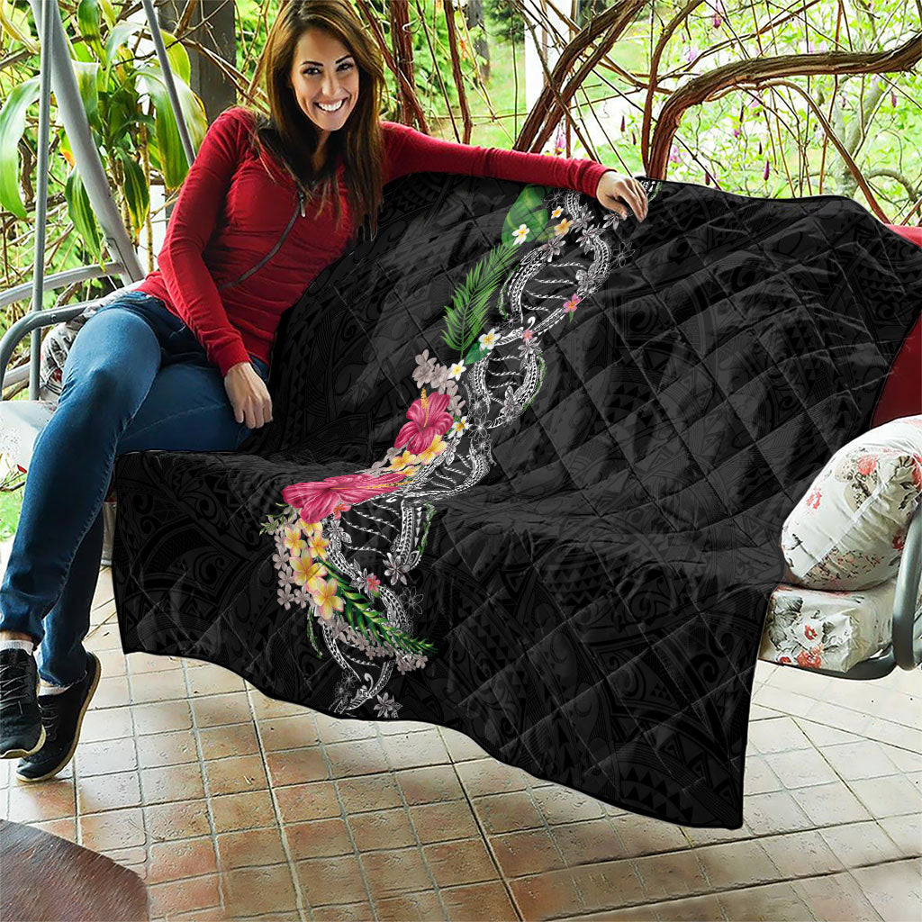Hawaii DNA Kakau Tattoo Quilt with Plumeria and Hibiscus Tropical Plants Black Color LT03 - Polynesian Pride