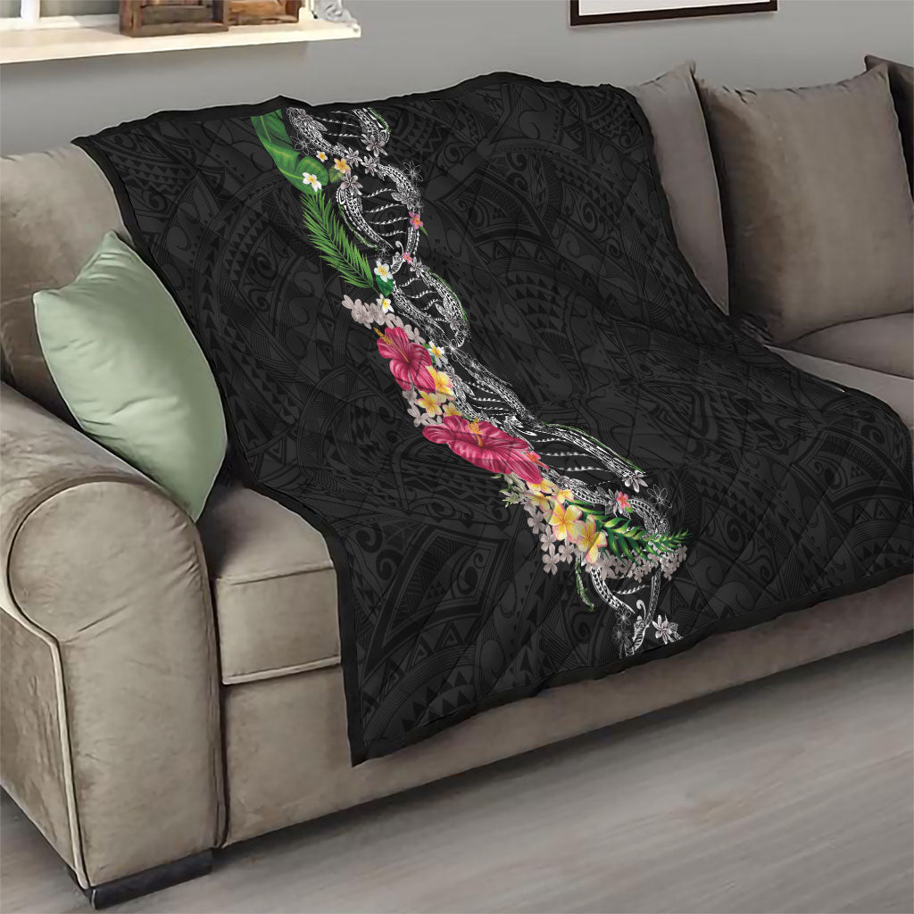 Hawaii DNA Kakau Tattoo Quilt with Plumeria and Hibiscus Tropical Plants Black Color LT03 - Polynesian Pride