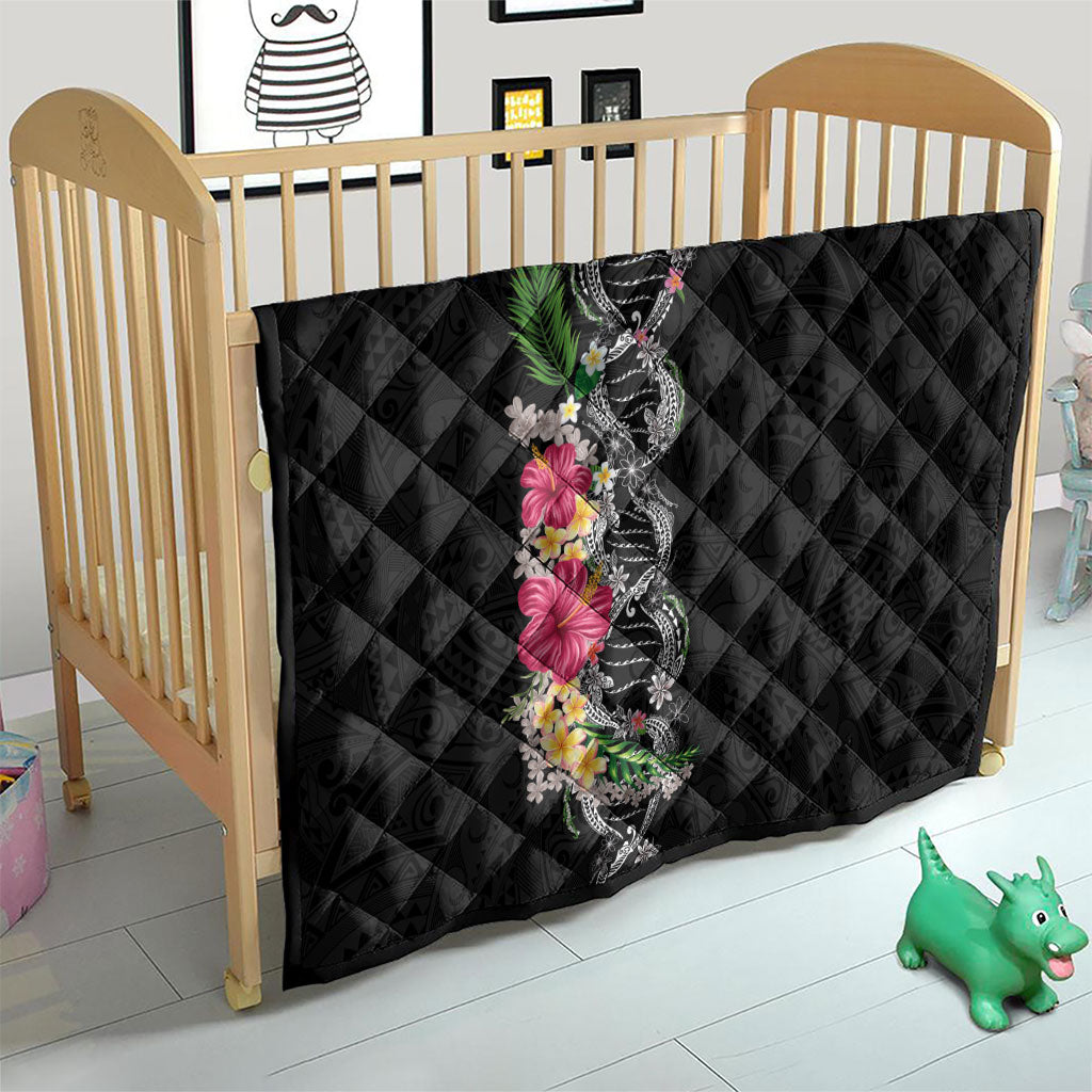 Hawaii DNA Kakau Tattoo Quilt with Plumeria and Hibiscus Tropical Plants Black Color LT03 - Polynesian Pride