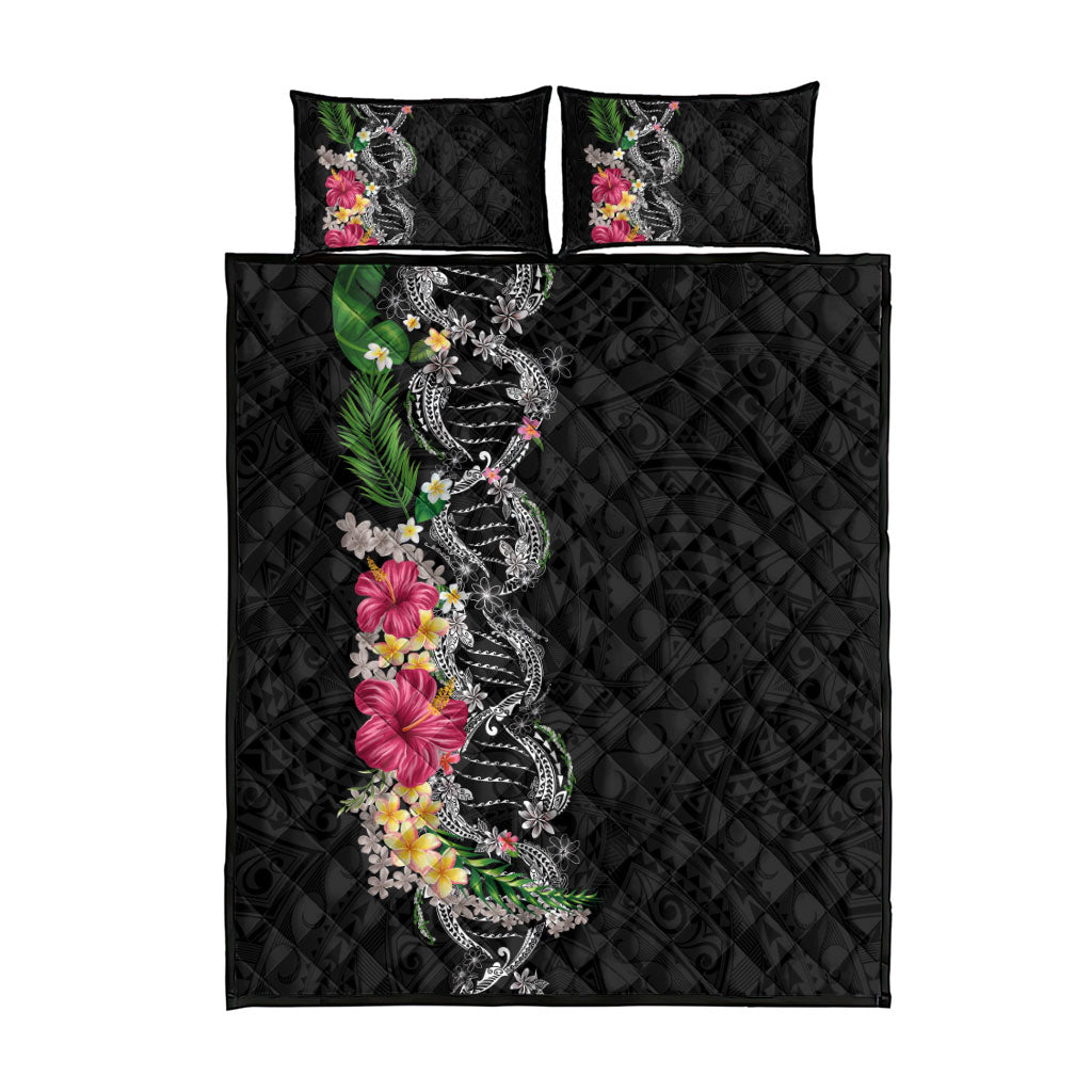 Hawaii DNA Kakau Tattoo Quilt Bed Set with Plumeria and Hibiscus Tropical Plants Black Color LT03 - Polynesian Pride