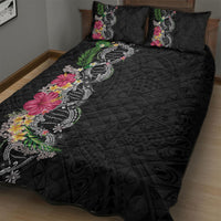 Hawaii DNA Kakau Tattoo Quilt Bed Set with Plumeria and Hibiscus Tropical Plants Black Color LT03 - Polynesian Pride