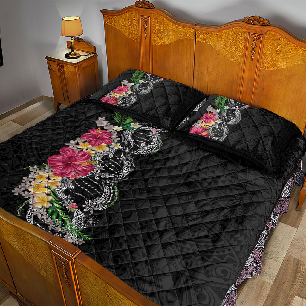 Hawaii DNA Kakau Tattoo Quilt Bed Set with Plumeria and Hibiscus Tropical Plants Black Color LT03 - Polynesian Pride