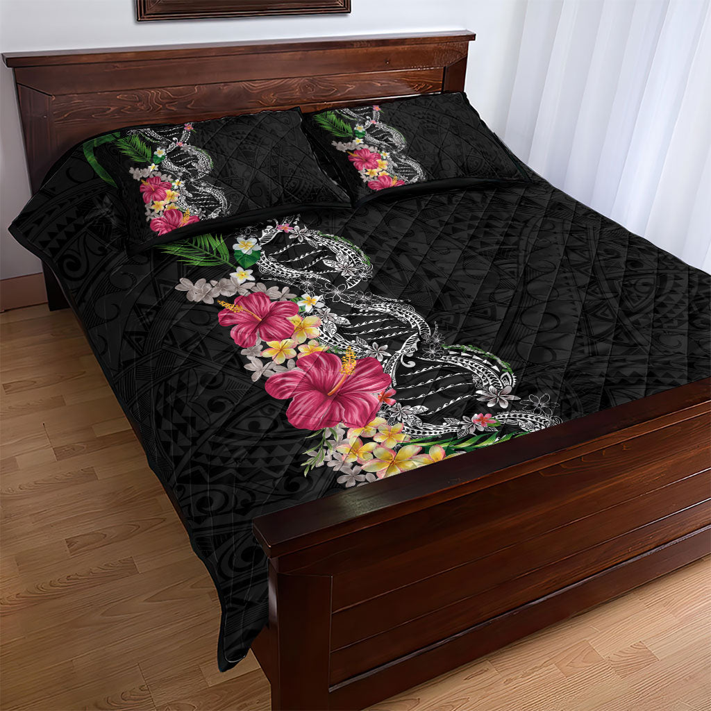 Hawaii DNA Kakau Tattoo Quilt Bed Set with Plumeria and Hibiscus Tropical Plants Black Color LT03 - Polynesian Pride