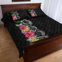 Hawaii DNA Kakau Tattoo Quilt Bed Set with Plumeria and Hibiscus Tropical Plants Black Color LT03 - Polynesian Pride