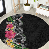Hawaii DNA Kakau Tattoo Round Carpet with Plumeria and Hibiscus Tropical Plants Black Color LT03 Black - Polynesian Pride