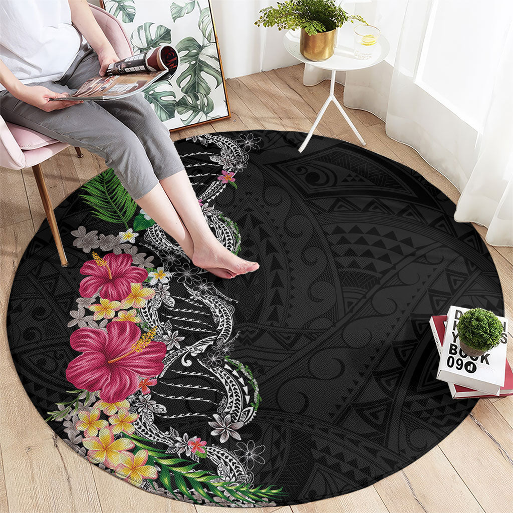 Hawaii DNA Kakau Tattoo Round Carpet with Plumeria and Hibiscus Tropical Plants Black Color LT03 - Polynesian Pride