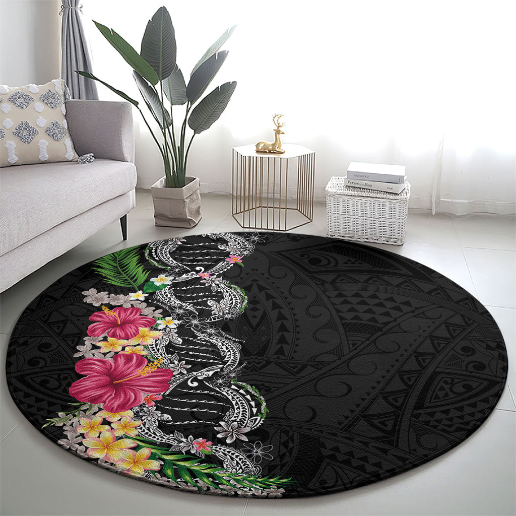 Hawaii DNA Kakau Tattoo Round Carpet with Plumeria and Hibiscus Tropical Plants Black Color LT03 - Polynesian Pride