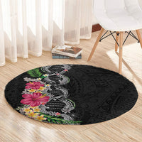 Hawaii DNA Kakau Tattoo Round Carpet with Plumeria and Hibiscus Tropical Plants Black Color LT03 - Polynesian Pride