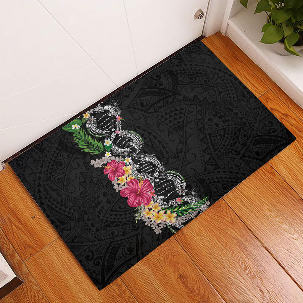 Hawaii DNA Kakau Tattoo Rubber Doormat with Plumeria and Hibiscus Tropical Plants Black Color LT03 - Polynesian Pride