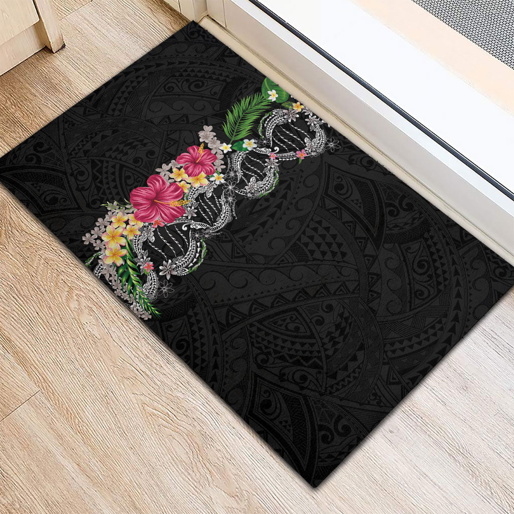Hawaii DNA Kakau Tattoo Rubber Doormat with Plumeria and Hibiscus Tropical Plants Black Color LT03 - Polynesian Pride
