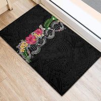 Hawaii DNA Kakau Tattoo Rubber Doormat with Plumeria and Hibiscus Tropical Plants Black Color LT03 - Polynesian Pride