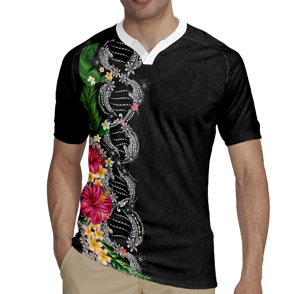 Hawaii DNA Kakau Tattoo Rugby Jersey with Plumeria and Hibiscus Tropical Plants Black Color