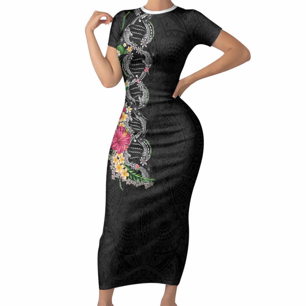 Hawaii DNA Kakau Tattoo Short Sleeve Bodycon Dress with Plumeria and Hibiscus Tropical Plants Black Color LT03 Long Dress Black - Polynesian Pride