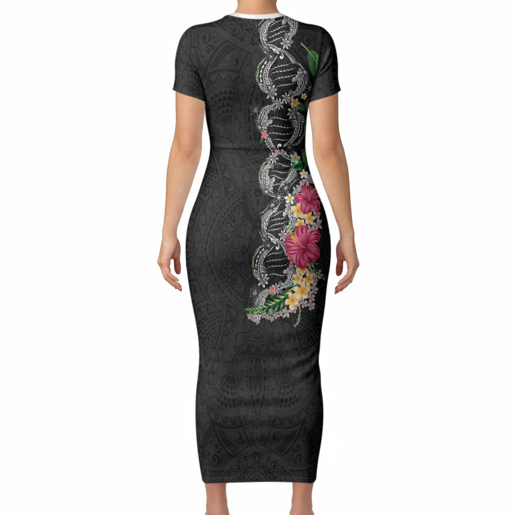 Hawaii DNA Kakau Tattoo Short Sleeve Bodycon Dress with Plumeria and Hibiscus Tropical Plants Black Color LT03 - Polynesian Pride