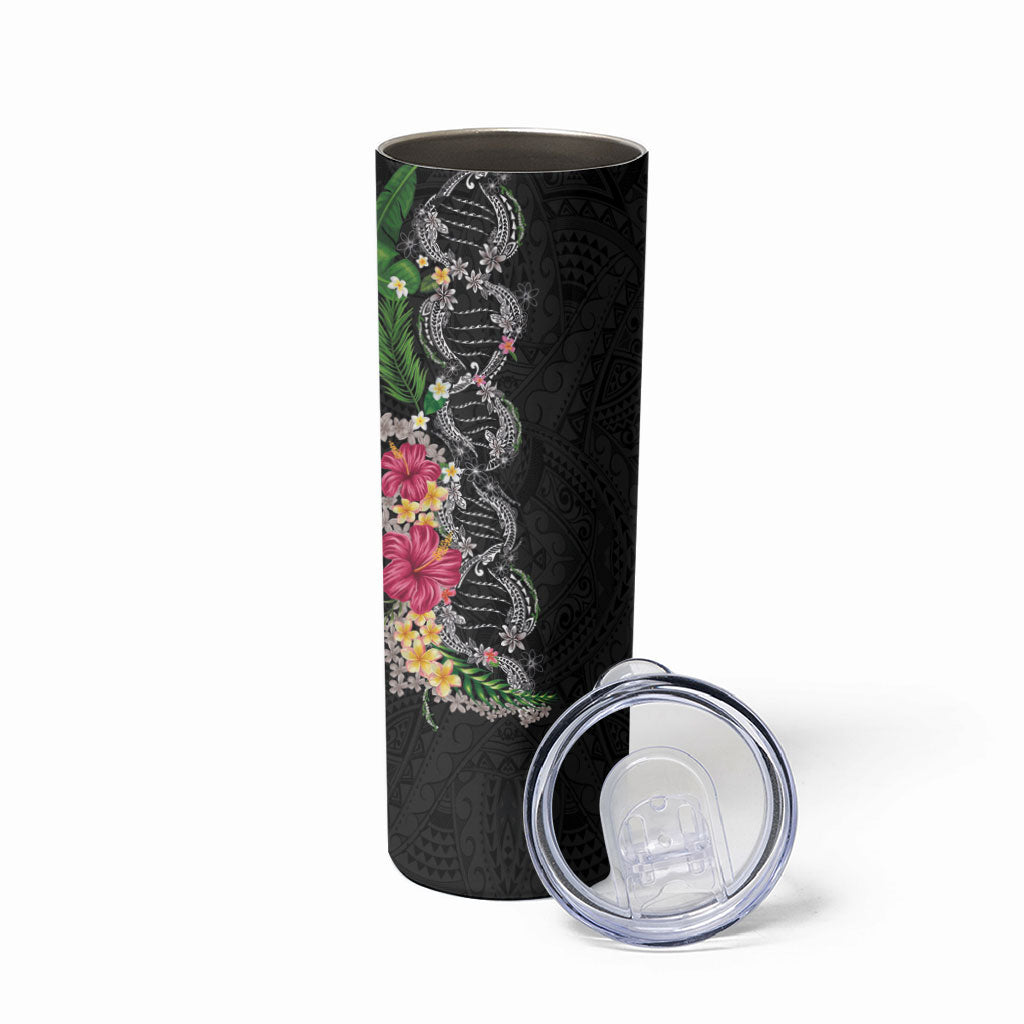 Hawaii DNA Kakau Tattoo Skinny Tumbler with Plumeria and Hibiscus Tropical Plants Black Color LT03 - Polynesian Pride