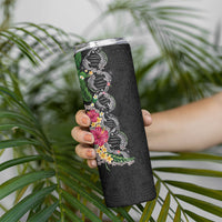 Hawaii DNA Kakau Tattoo Skinny Tumbler with Plumeria and Hibiscus Tropical Plants Black Color LT03 - Polynesian Pride