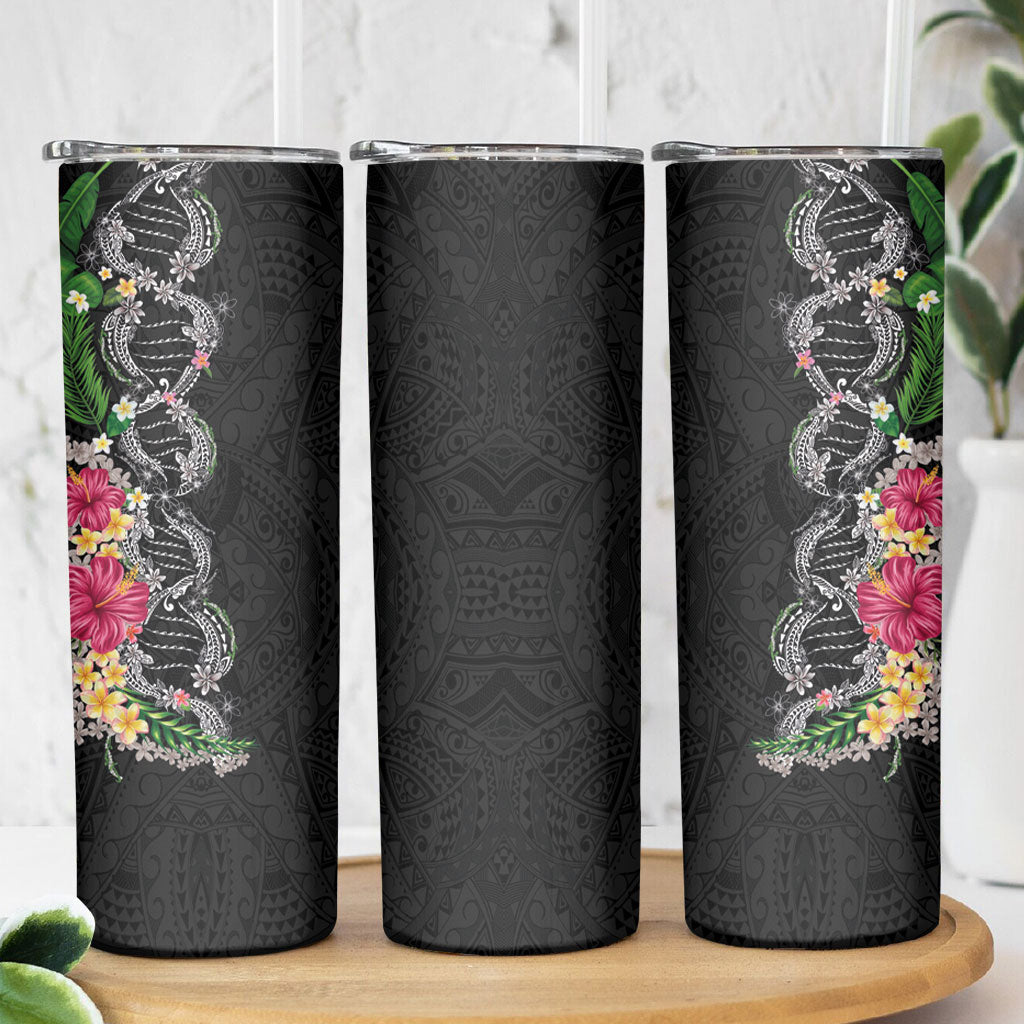 Hawaii DNA Kakau Tattoo Skinny Tumbler with Plumeria and Hibiscus Tropical Plants Black Color LT03 - Polynesian Pride