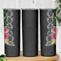 Hawaii DNA Kakau Tattoo Skinny Tumbler with Plumeria and Hibiscus Tropical Plants Black Color LT03 - Polynesian Pride