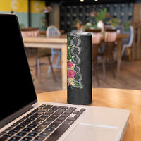 Hawaii DNA Kakau Tattoo Skinny Tumbler with Plumeria and Hibiscus Tropical Plants Black Color LT03 - Polynesian Pride