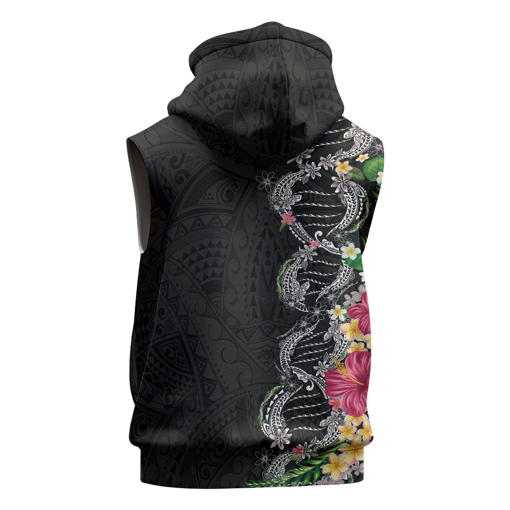 Hawaii DNA Kakau Tattoo Sleeveless Hoodie with Plumeria and Hibiscus Tropical Plants Black Color