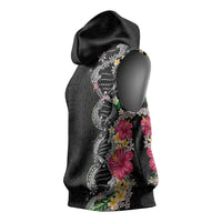 Hawaii DNA Kakau Tattoo Sleeveless Hoodie with Plumeria and Hibiscus Tropical Plants Black Color