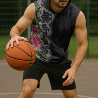 Hawaii DNA Kakau Tattoo Sleeveless Hoodie with Plumeria and Hibiscus Tropical Plants Black Color