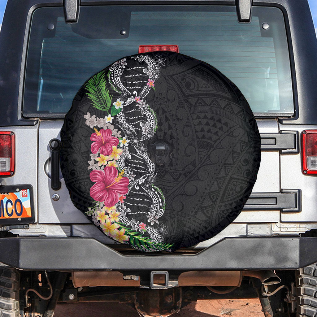 Hawaii DNA Kakau Tattoo Spare Tire Cover with Plumeria and Hibiscus Tropical Plants Black Color LT03 Black - Polynesian Pride