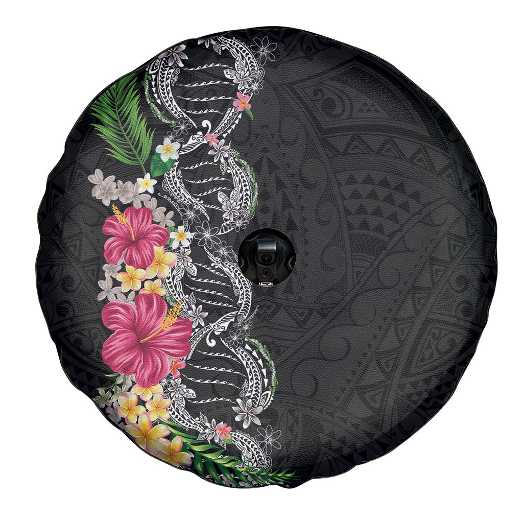 Hawaii DNA Kakau Tattoo Spare Tire Cover with Plumeria and Hibiscus Tropical Plants Black Color LT03 - Polynesian Pride