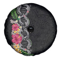Hawaii DNA Kakau Tattoo Spare Tire Cover with Plumeria and Hibiscus Tropical Plants Black Color LT03 - Polynesian Pride