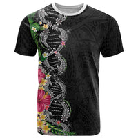 Hawaii DNA Kakau Tattoo T Shirt with Plumeria and Hibiscus Tropical Plants Black Color