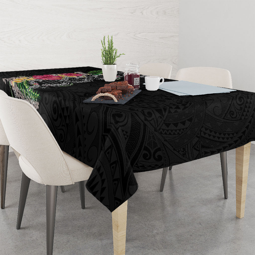 Hawaii DNA Kakau Tattoo Tablecloth with Plumeria and Hibiscus Tropical Plants Black Color LT03 - Polynesian Pride